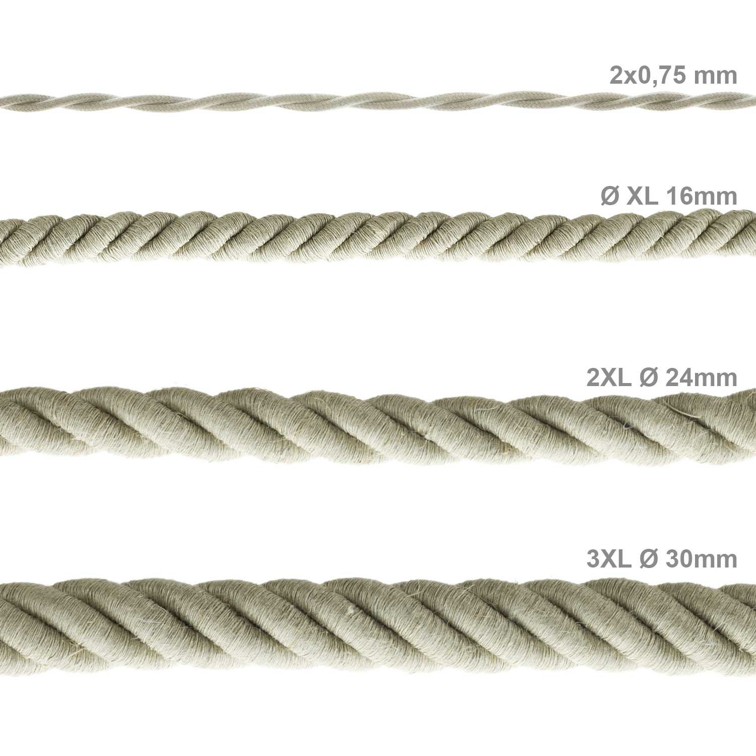 Corde XL, câble électrique 3x0,75. Revêtement en lin naturel. Diamètre 16mm.