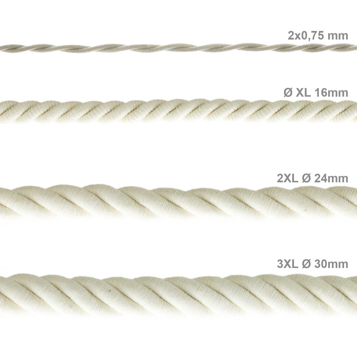 Corde XL, câble électrique 3x0,75. Revêtement en coton brut. Diamètre 16mm.