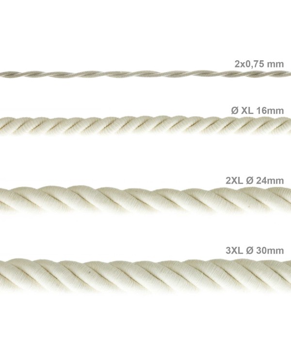 Corde XL, câble électrique 3x0,75. Revêtement en coton brut. Diamètre 16mm.