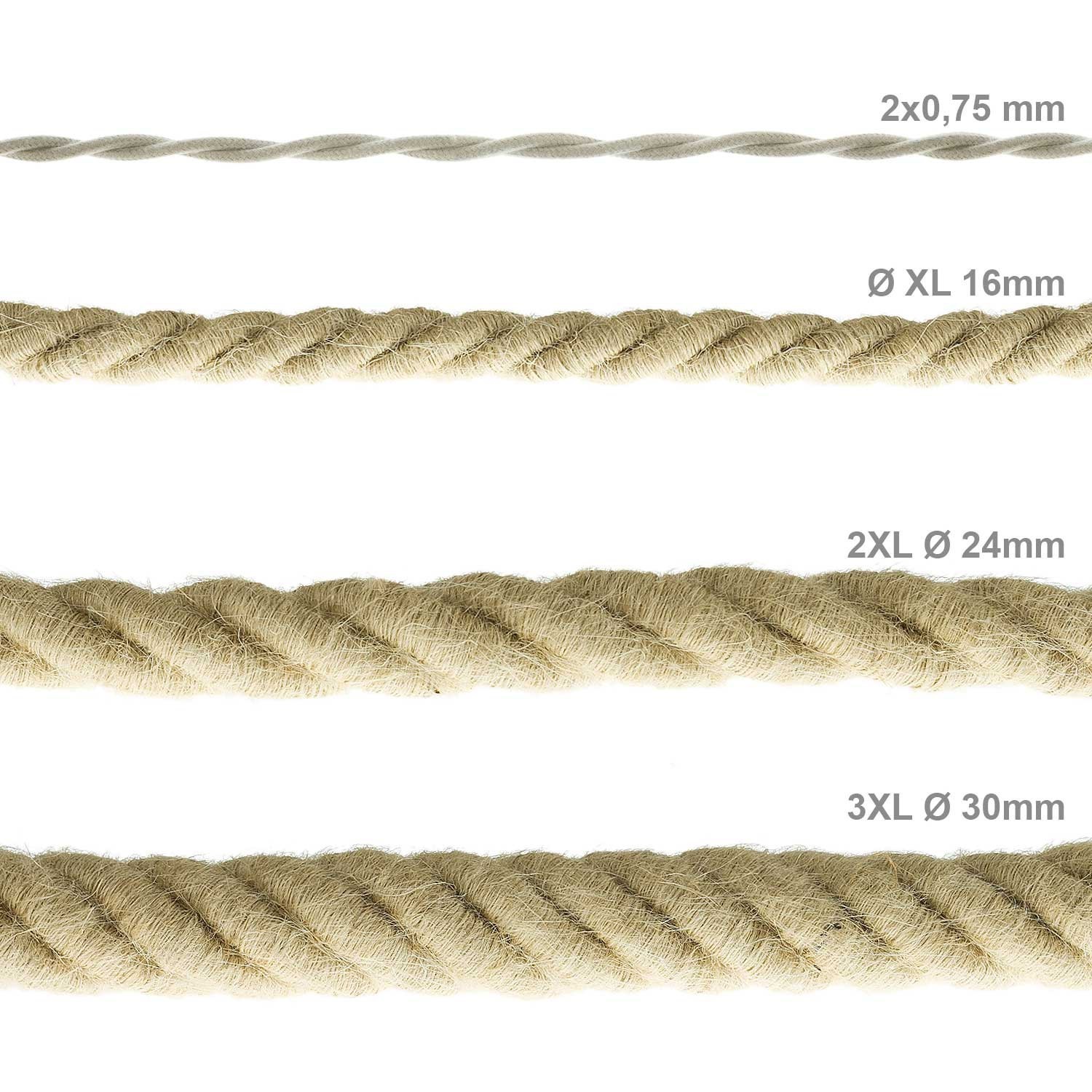 Corde 3XL, câble électrique 3x0,75. Revêtement en jute brute. Diamètre 30mm.