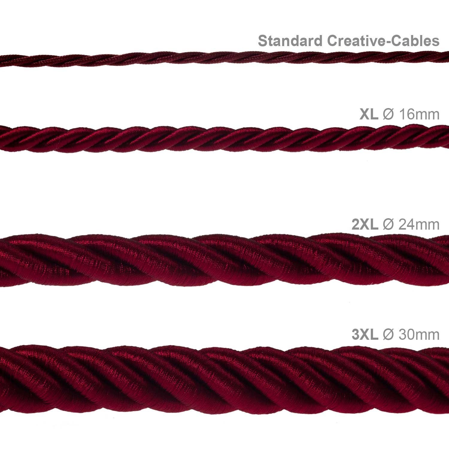 Corde XL, câble électrique 3x0,75. Revêtement en tissu bordeaux foncé brillant. Diamètre 16mm.