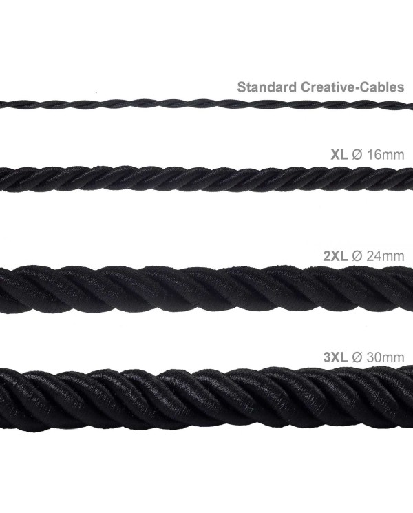 Corde XL, câble électrique 3x0,75. Revêtement en tissu noir brillant. Diamètre 16mm.