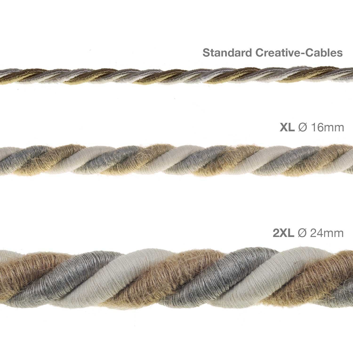 Corde XL, câble électrique 3x0,75. Revêtement en jute, coton et lin naturel Country. Diamètre 16mm.