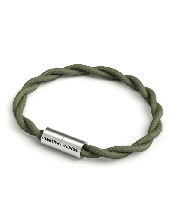Bracelet avec fermoir magnétique argent mat et câble TC63 (Tissu Uni couleur Vert Gris)