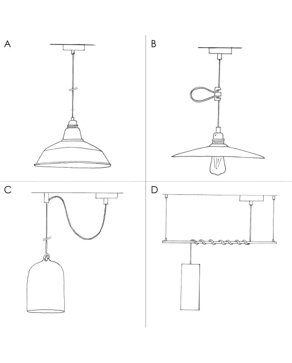 Suspension fabriquée en Italie avec câble textile, abat-jour cage Diamond et finition en métal