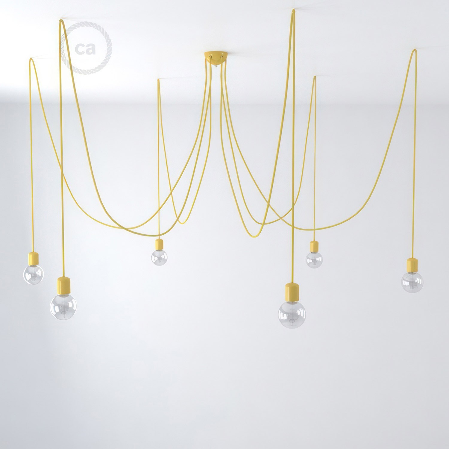 Lampe à suspension multiple avec 6 gouttes Made in Italy, avec câble textile et finitions en céramique colorée