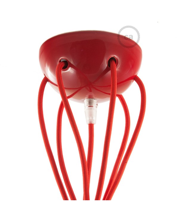 Lampe à suspension multiple avec 6 gouttes Made in Italy, avec câble textile et finitions en céramique colorée