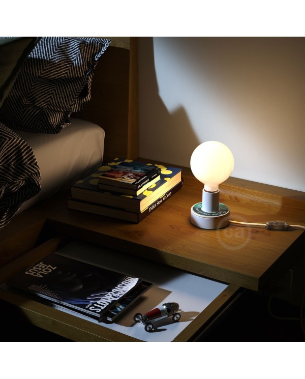 Lampe Posaluce MINI-UFO en bois double face PALLE DA LETTURA, avec câble textile, interrupteur et prise bipolaire