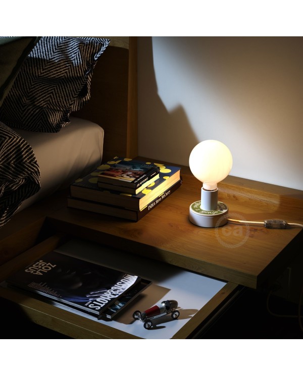 Lampe Posaluce MINI-UFO en bois double face PALLE DA LETTURA, avec câble textile, interrupteur et prise bipolaire