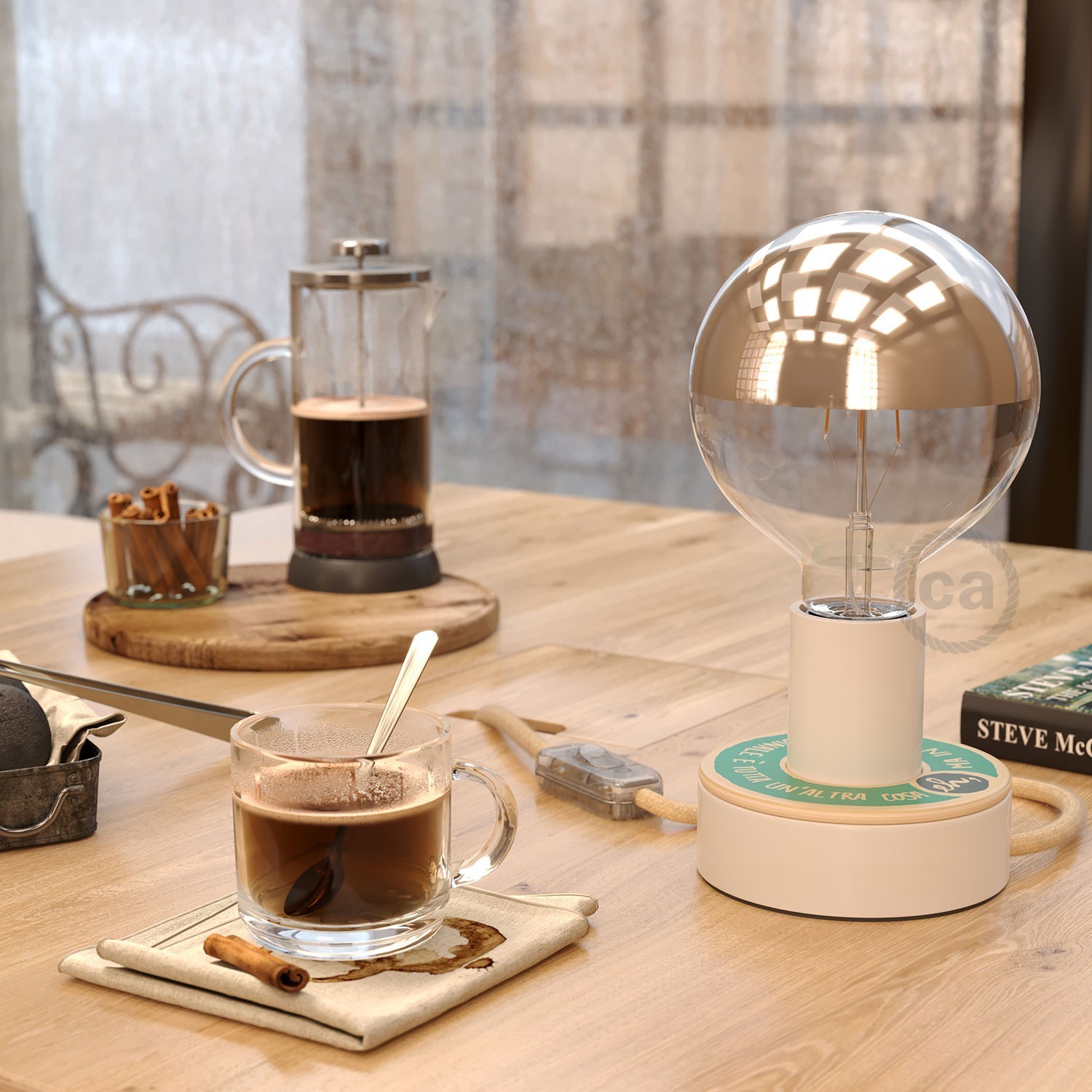 Lampe Posaluce MINI-UFO en bois double face PALLE DA LETTURA, avec câble textile, interrupteur et prise bipolaire