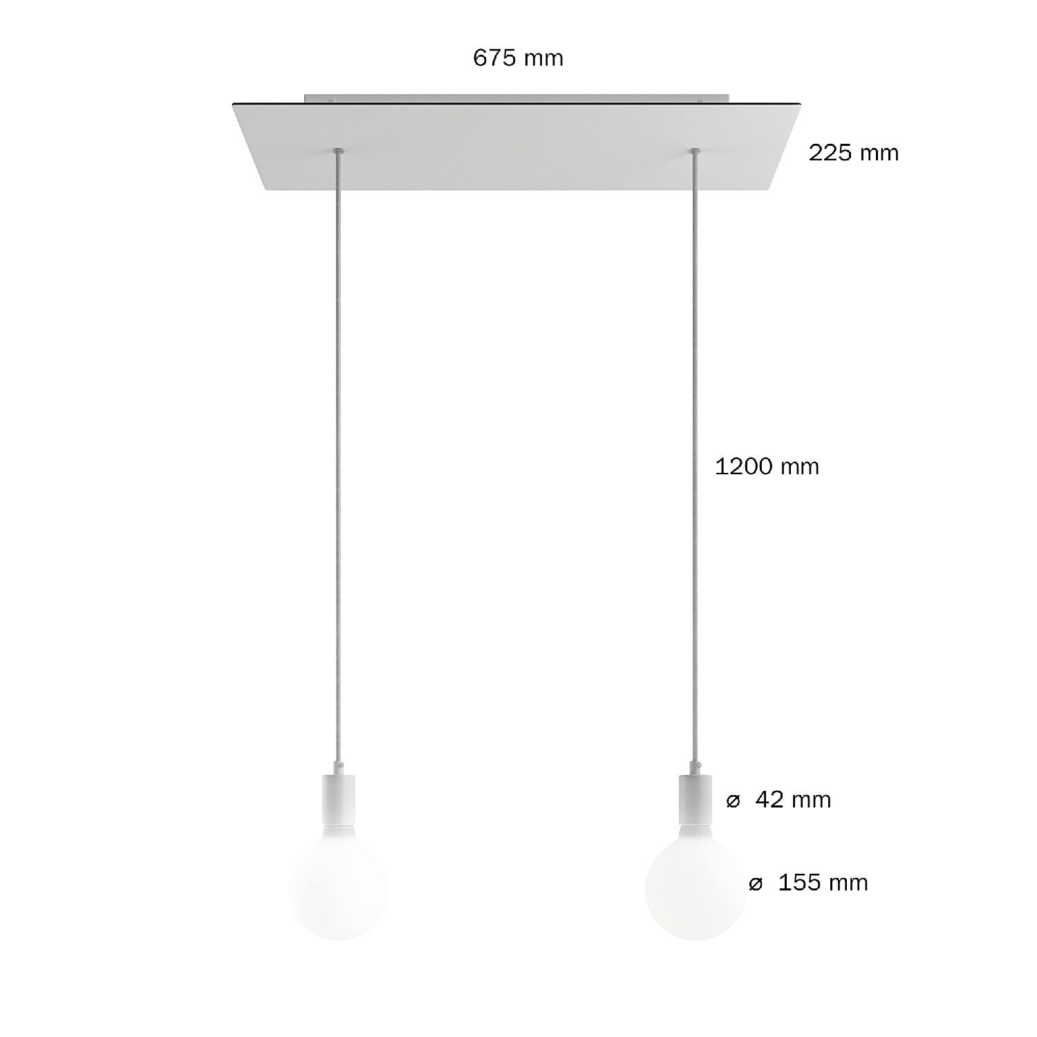 Suspension à 2 bras avec XXL Rose-One rectangulaire 675 mm complète avec câble textile et finitions en métal