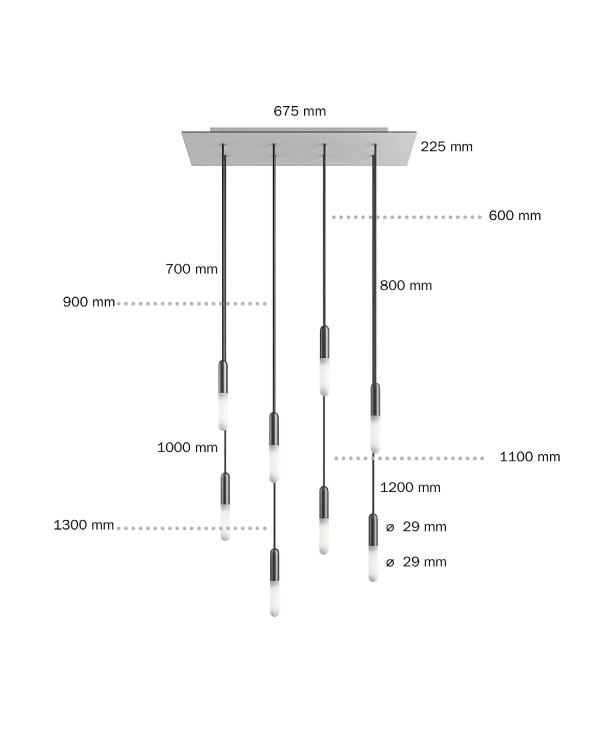 Suspension à 8 bras avec XXL Rose-One rectangulaire 675 mm complète avec câble textile et finitions en métal