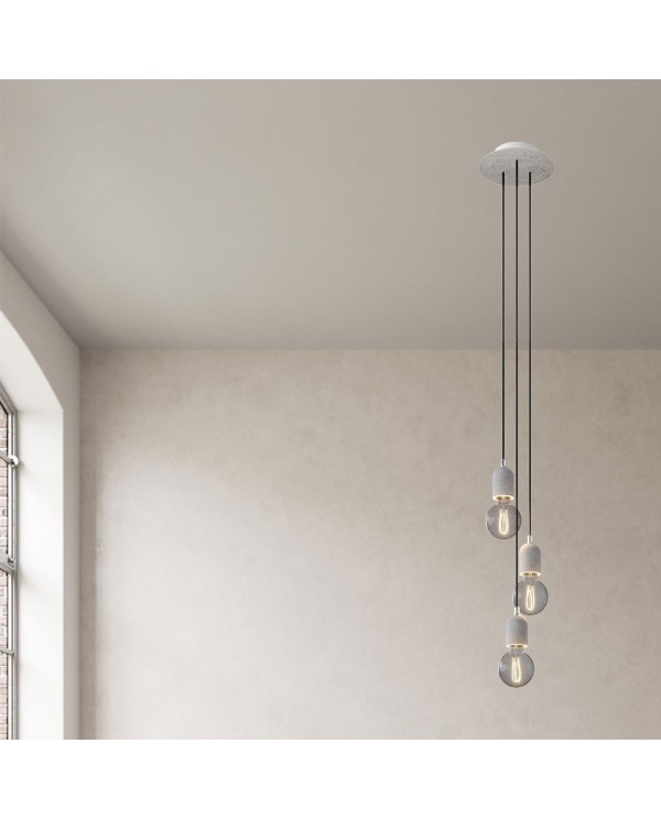Lampe suspension multiple 3 bras avec Rose-One rond 200 mm, câble textile et finitions en béton