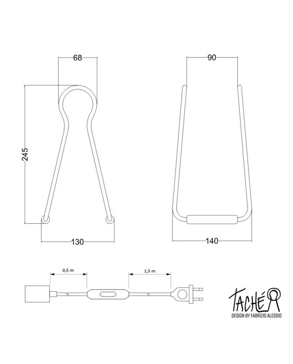 Taché Metal, lampe de table avec câble textile, interrupteur et fiche bipolaire