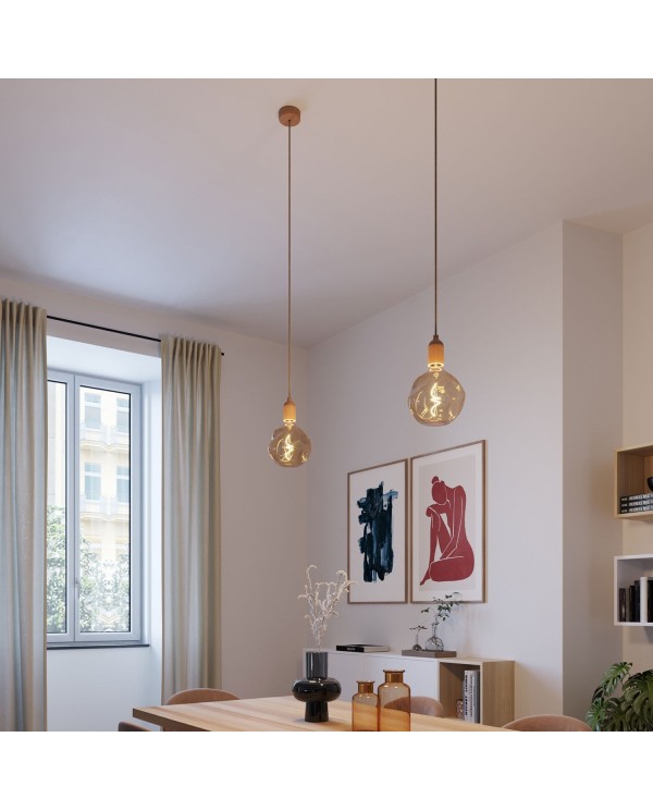 Lampe à suspension Made in Italy avec câble textile et finitions en bois