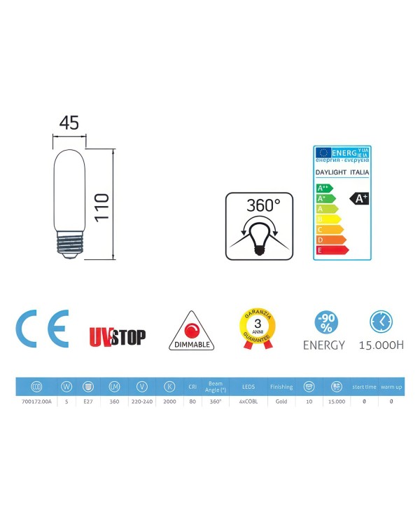 Ampoule Dorée Valve LED T45 5W 360Lm E27 2000K Dimmable