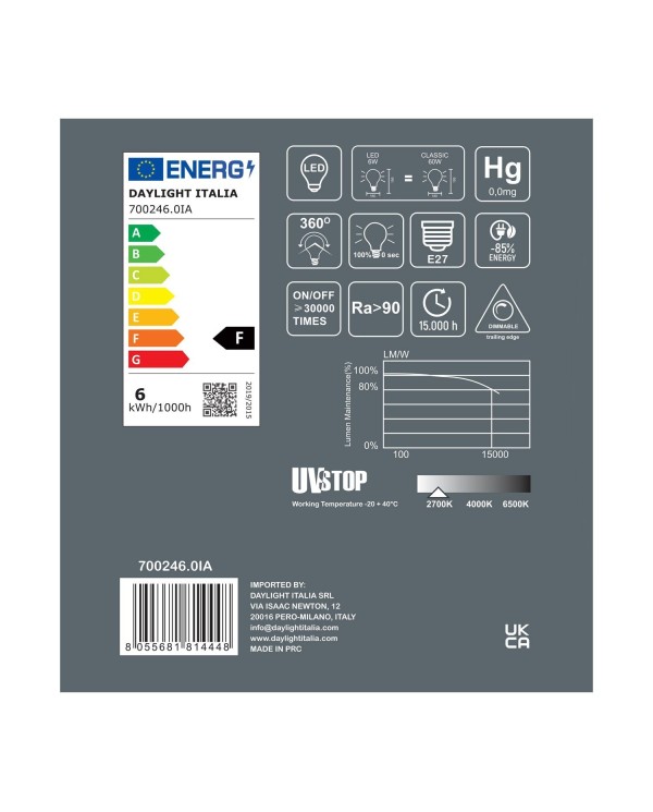 Ampoule LED Porcelaine Delo 6W 580Lm E27 2700K Dimmable