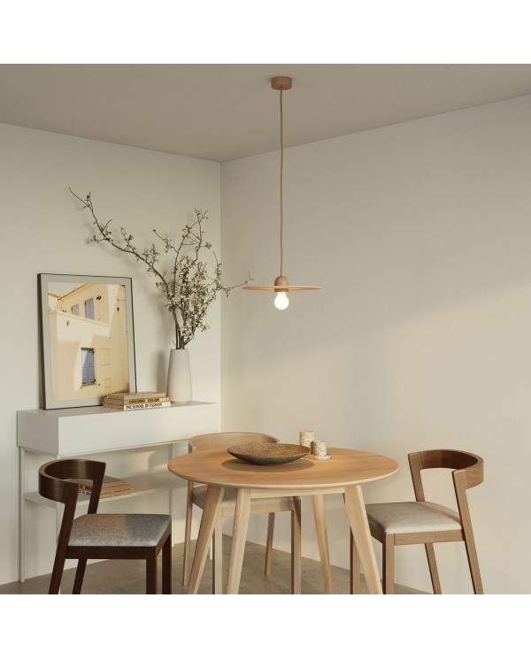 Lampe suspension en bois avec câble textile et abat-jour UFO