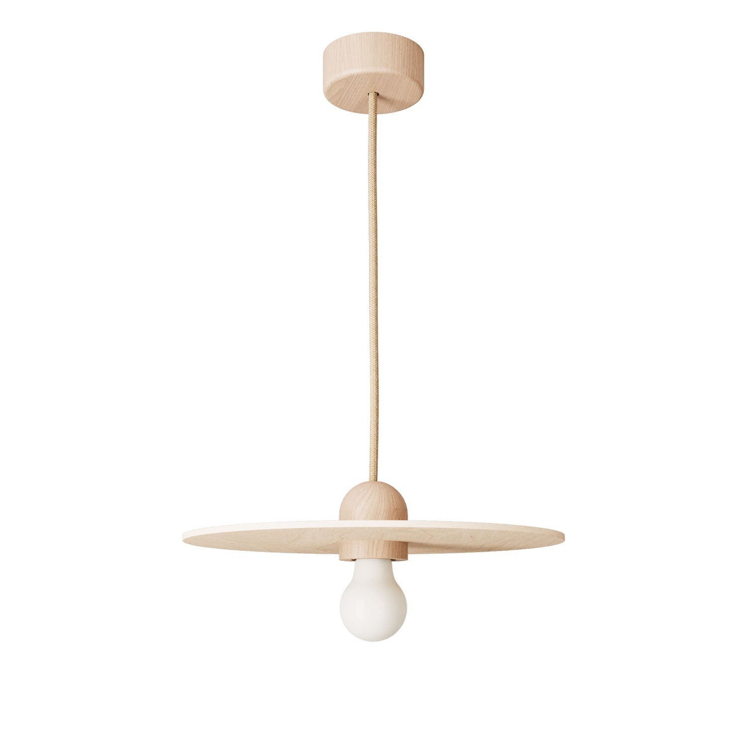 Lampe suspension en bois avec câble textile et abat-jour UFO