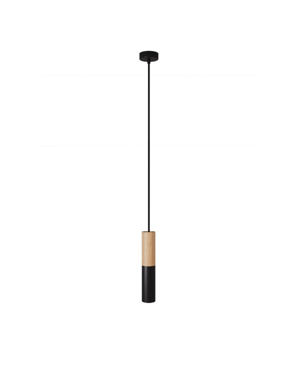 Lampe à suspension Made in Italy avec câble textile et double abat-jour Tub-E14 en bois et métal