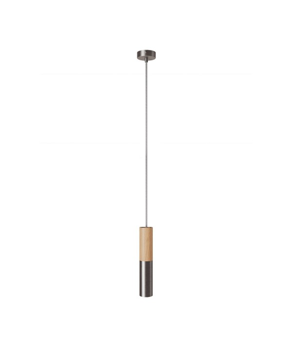 Lampe à suspension Made in Italy avec câble textile et double abat-jour Tub-E14 en bois et métal