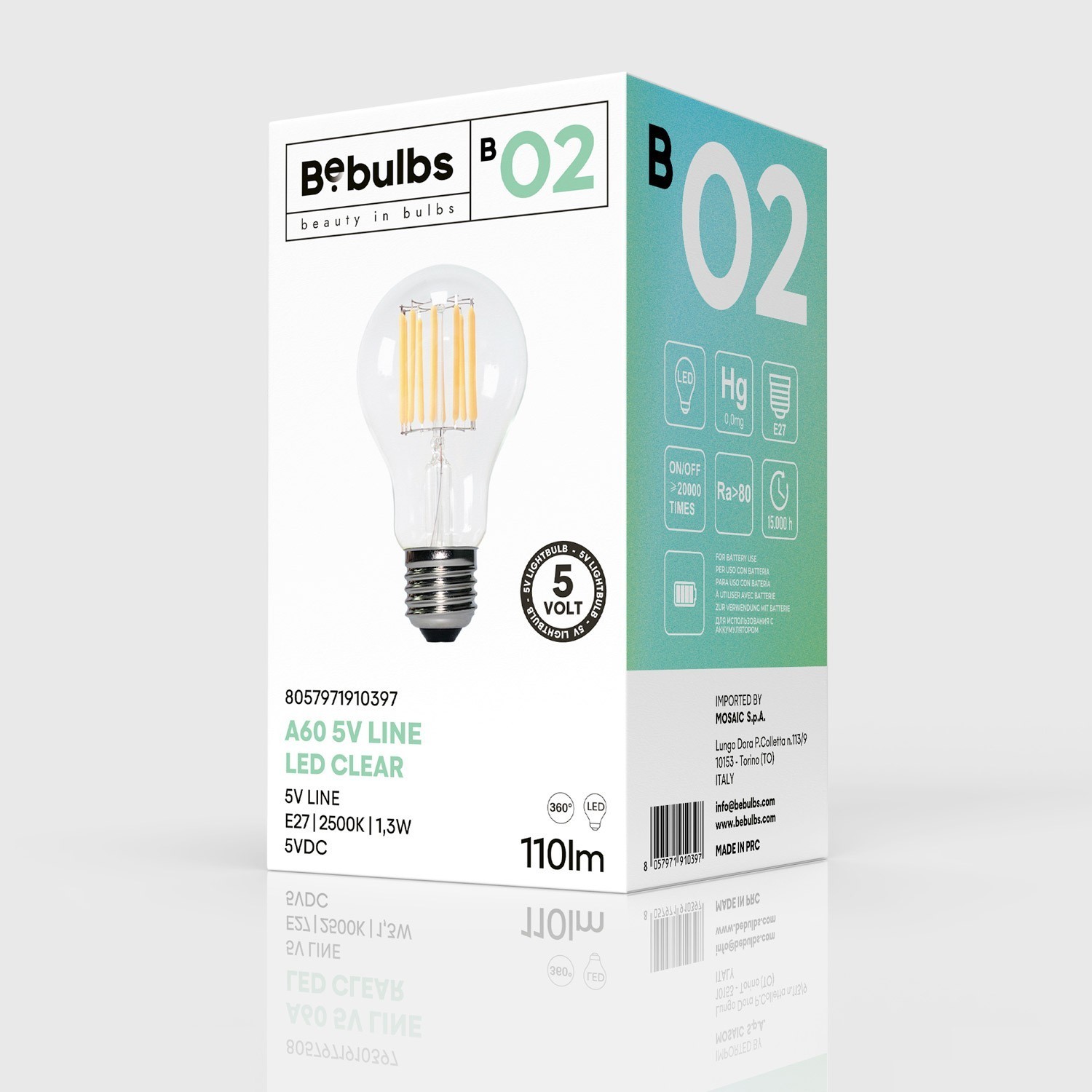 Ampoule LED Transparente B02 Ligne 5V Filament vertical Goutte d'eau A60 1,3W 110Lm E27 2500K Dimmable