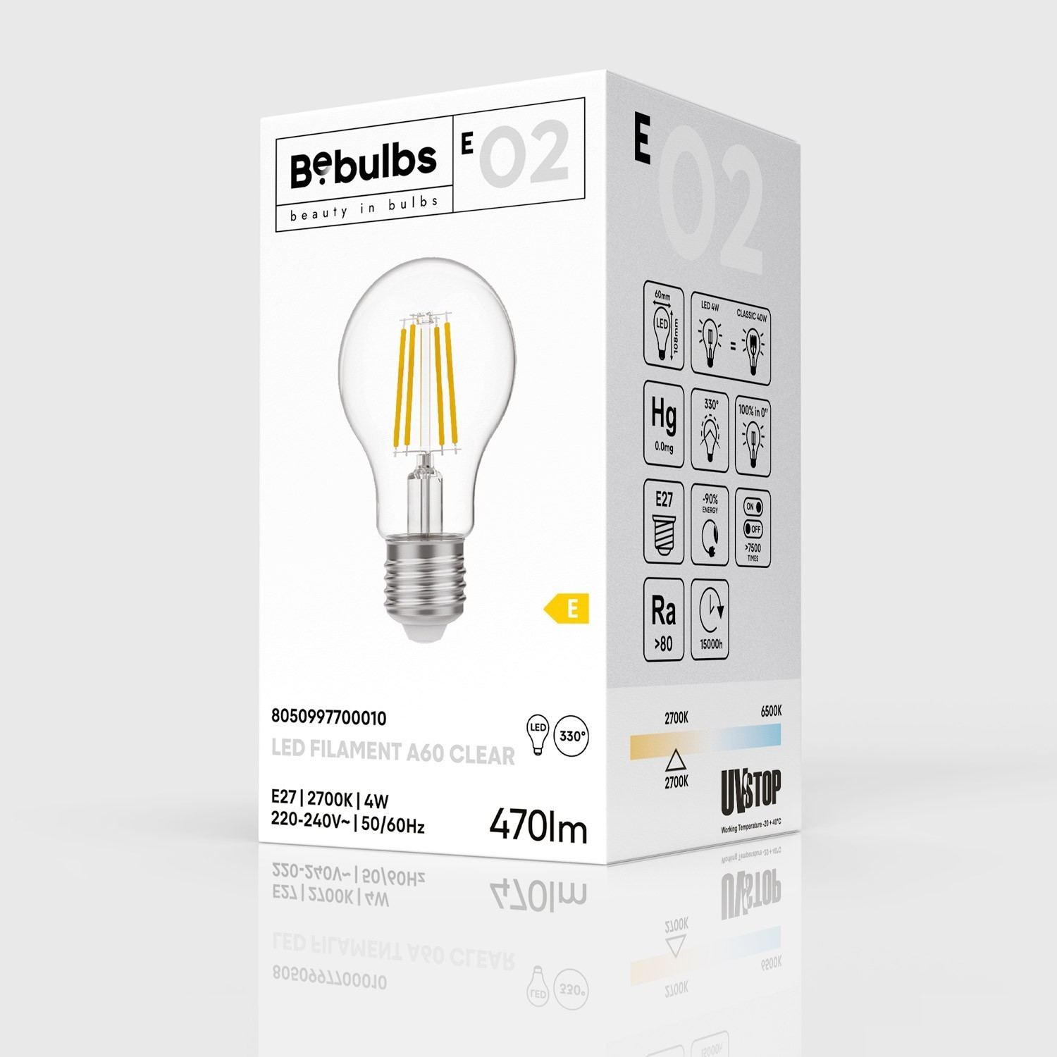 Ampoule LED Transparente Goutte A60 4W 470Lm E27 2700K - E02