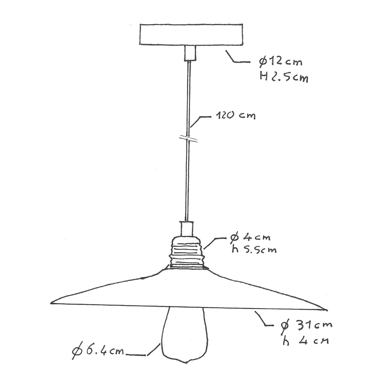 Suspension fabriquée en Italie avec câble textile, abat-jour en céramique Plat et finition en métal - complète avec ampoule