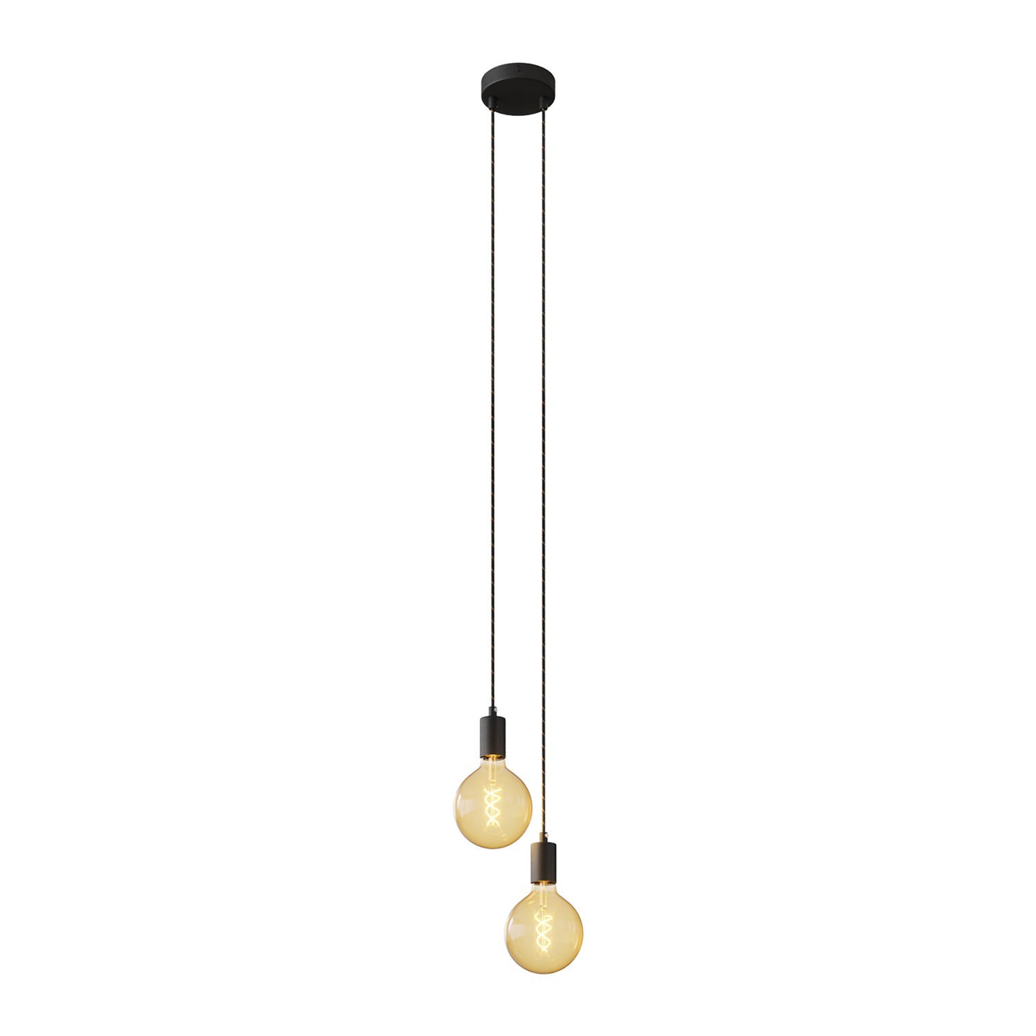 Lampe suspension multiple 2 bras avec câble textile et finitions en métal