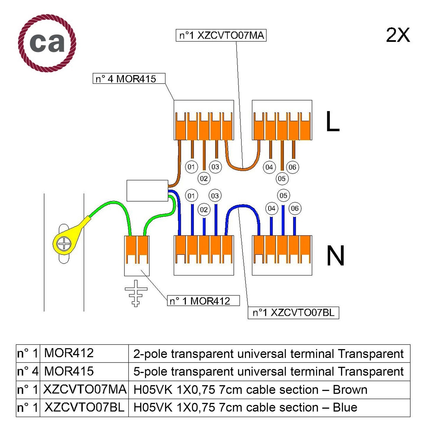 Kit de connexion WAGO compatible avec câble 2x pour Rosace à 6 trous