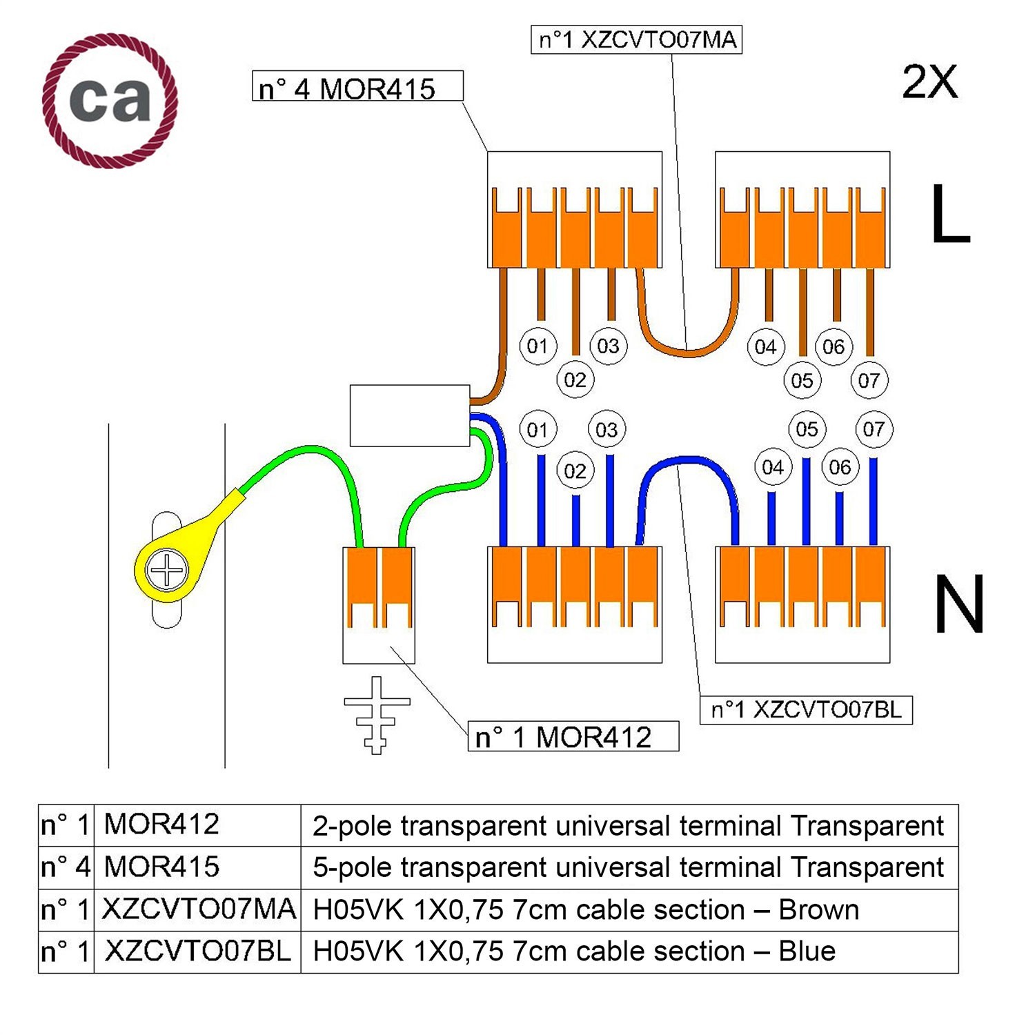 Kit de connexion WAGO compatible avec câble 2x pour Rosace à 7 trous