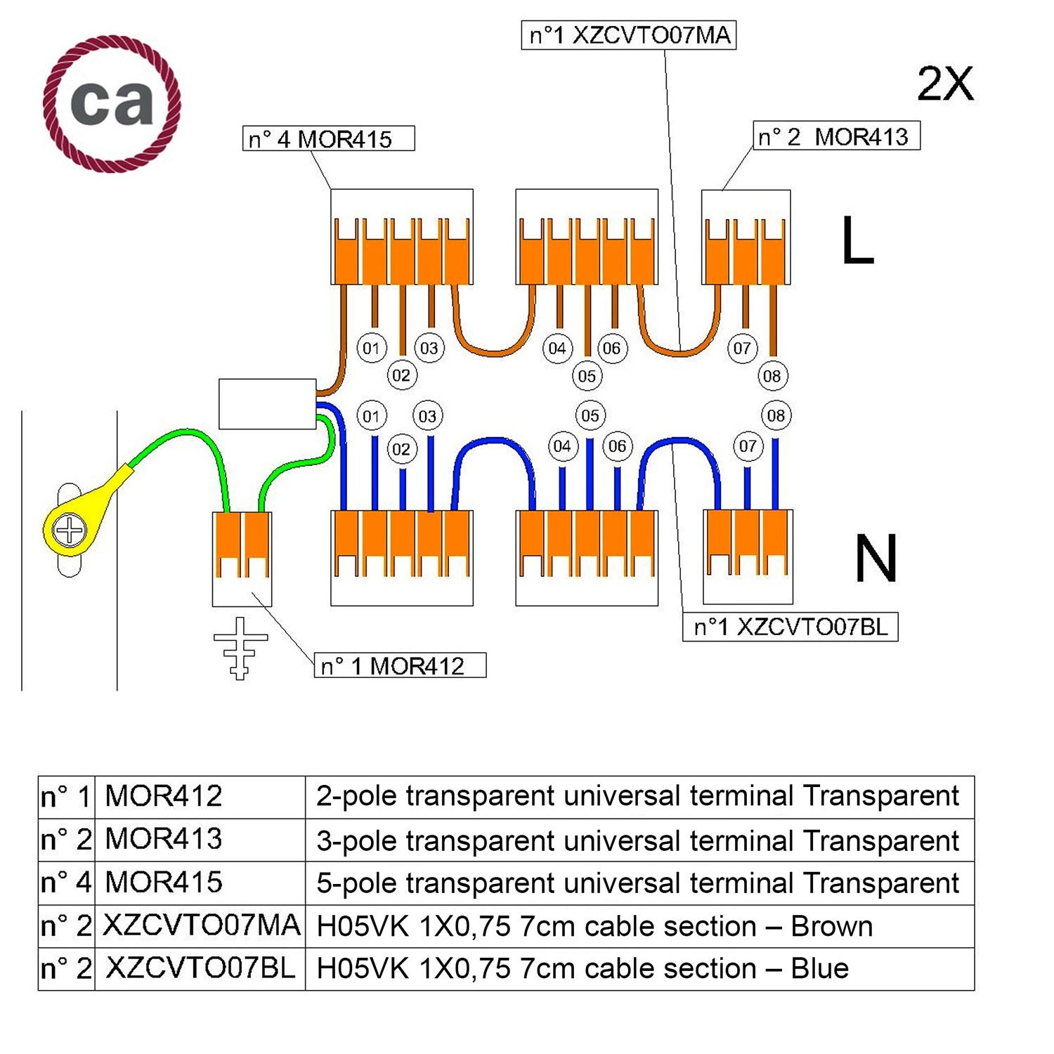 Kit de connexion WAGO compatible avec câble 2x pour Rosace à 8 trous