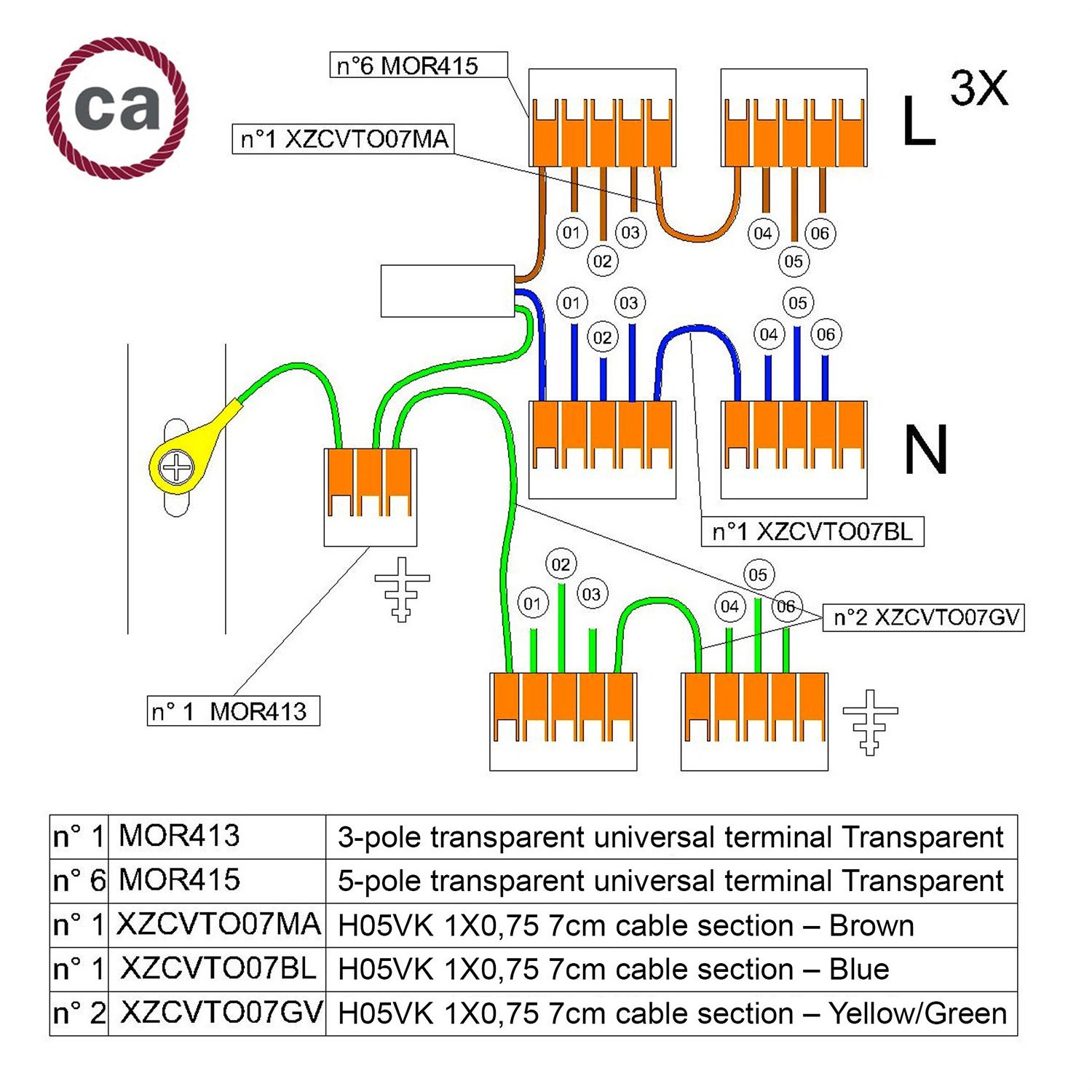 Kit de connexion WAGO compatible avec câble 3x pour Rosace à 6 trous