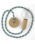 Lampe suspension corde XL en tissu Bernadotte lucide 16 mm, accessoires en bois naturel, Made in Italy