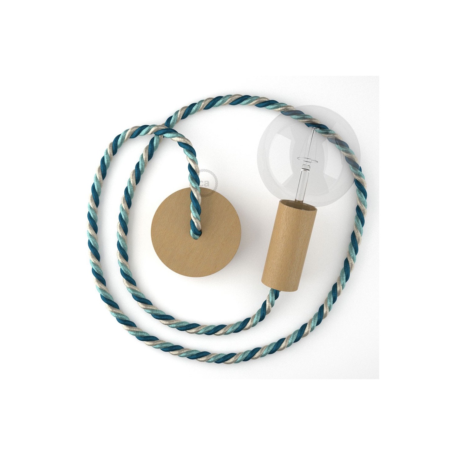 Lampe suspension corde XL en tissu Bernadotte lucide 16 mm, accessoires en bois naturel, Made in Italy